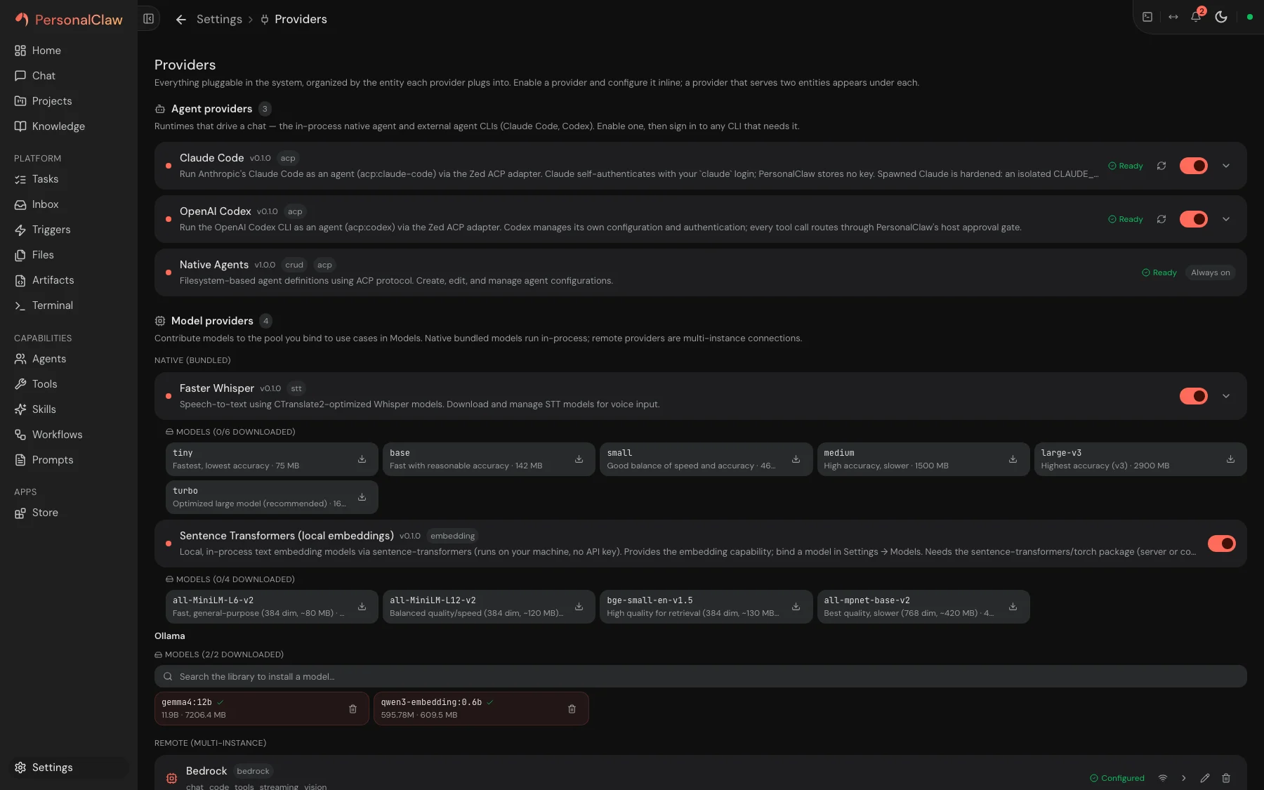 PersonalClaw agents view showing configured agent runtimes