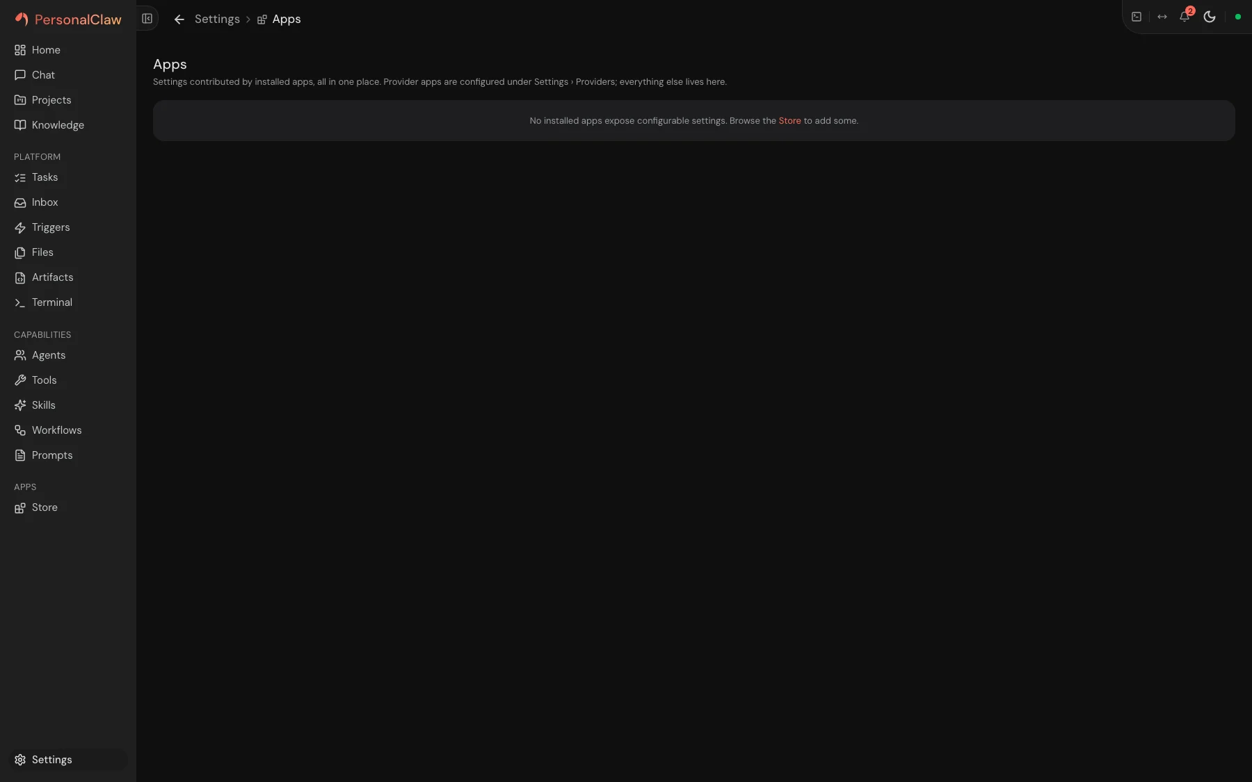 PersonalClaw app store showing installed and available apps