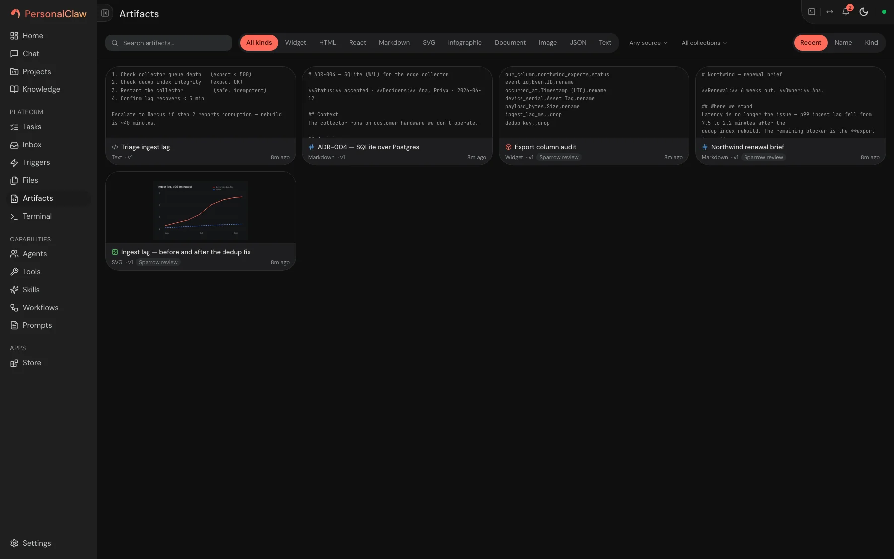 PersonalClaw artifacts library with live previews and collections