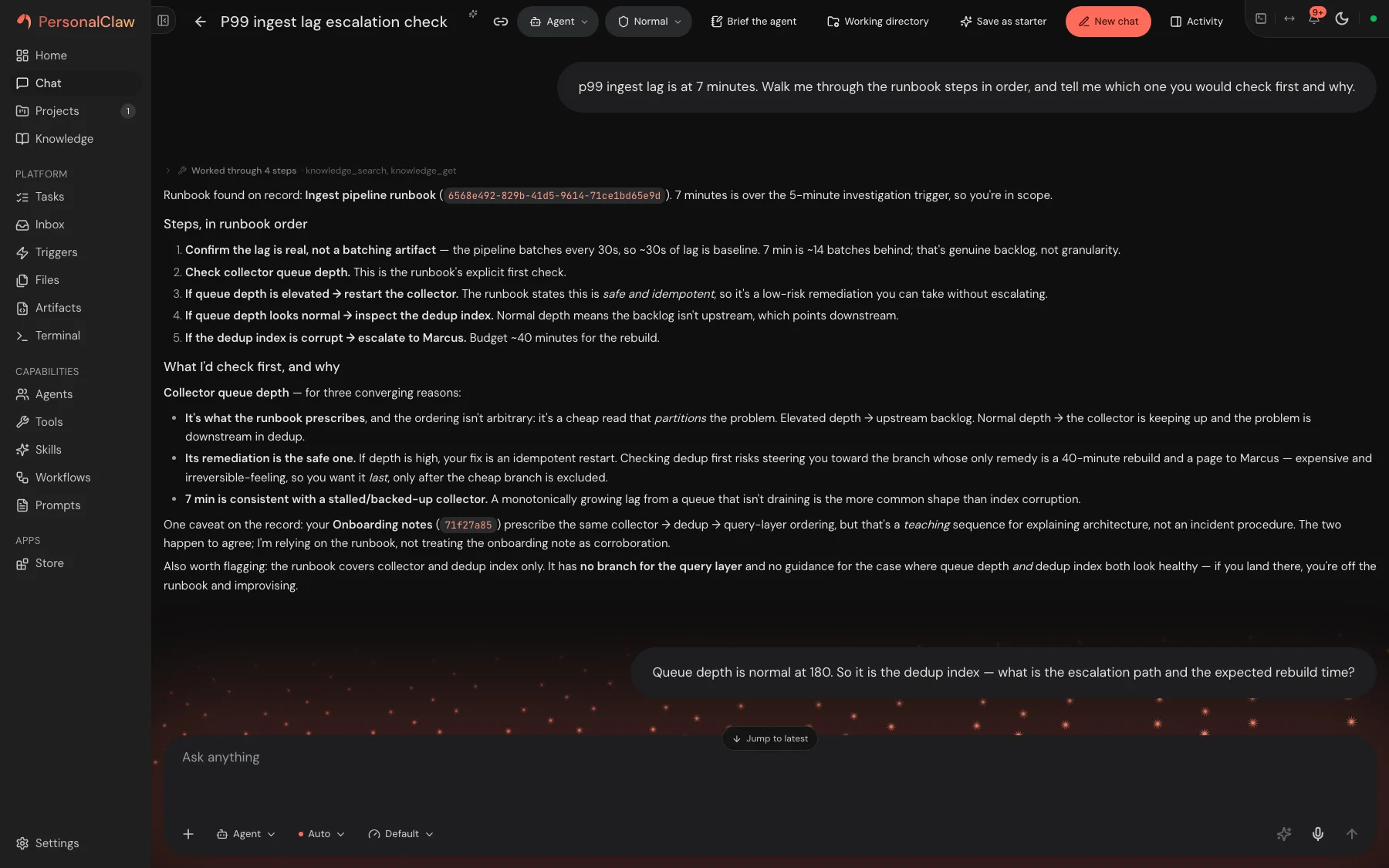 PersonalClaw chat session with tools and conversation controls
