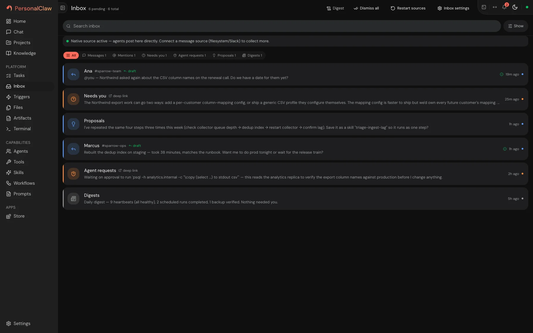 PersonalClaw inbox showing loop decisions, proposals, approvals, and messages