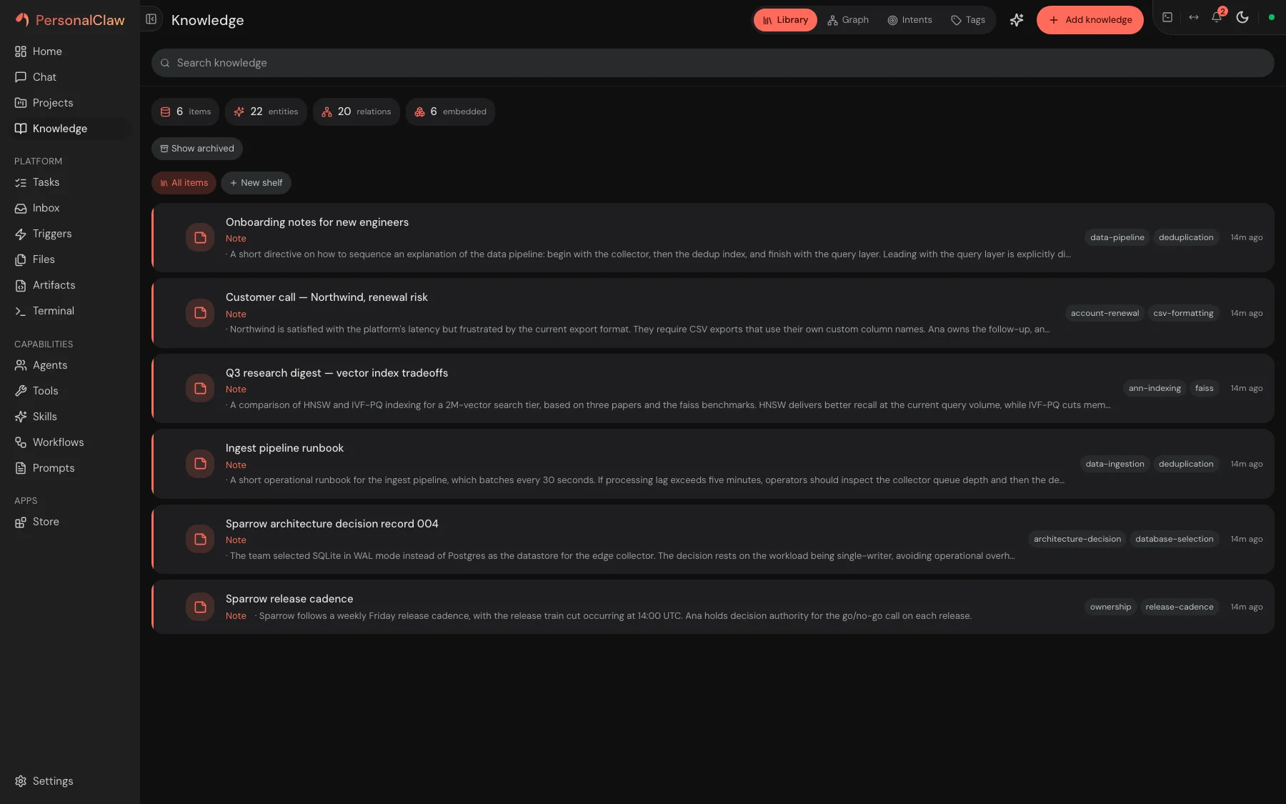 PersonalClaw knowledge base with source documents and entity graph