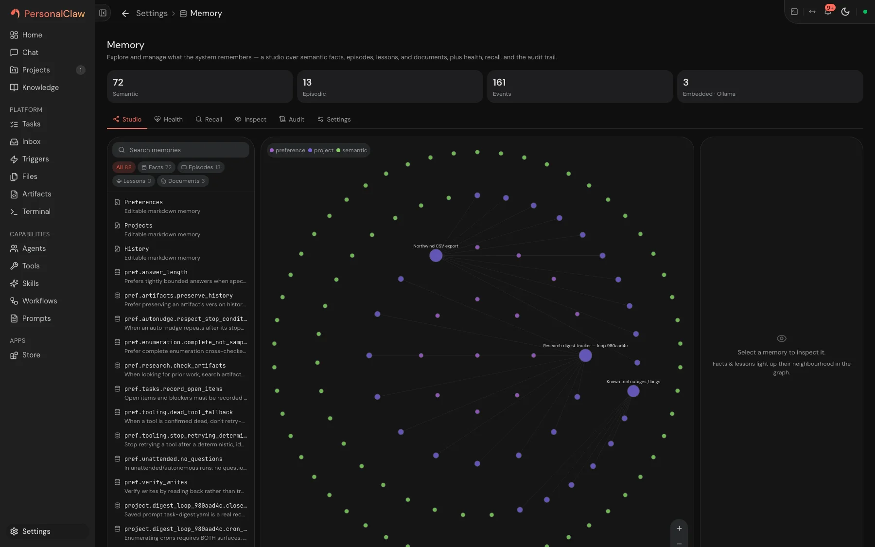 PersonalClaw memory view with layered learned context