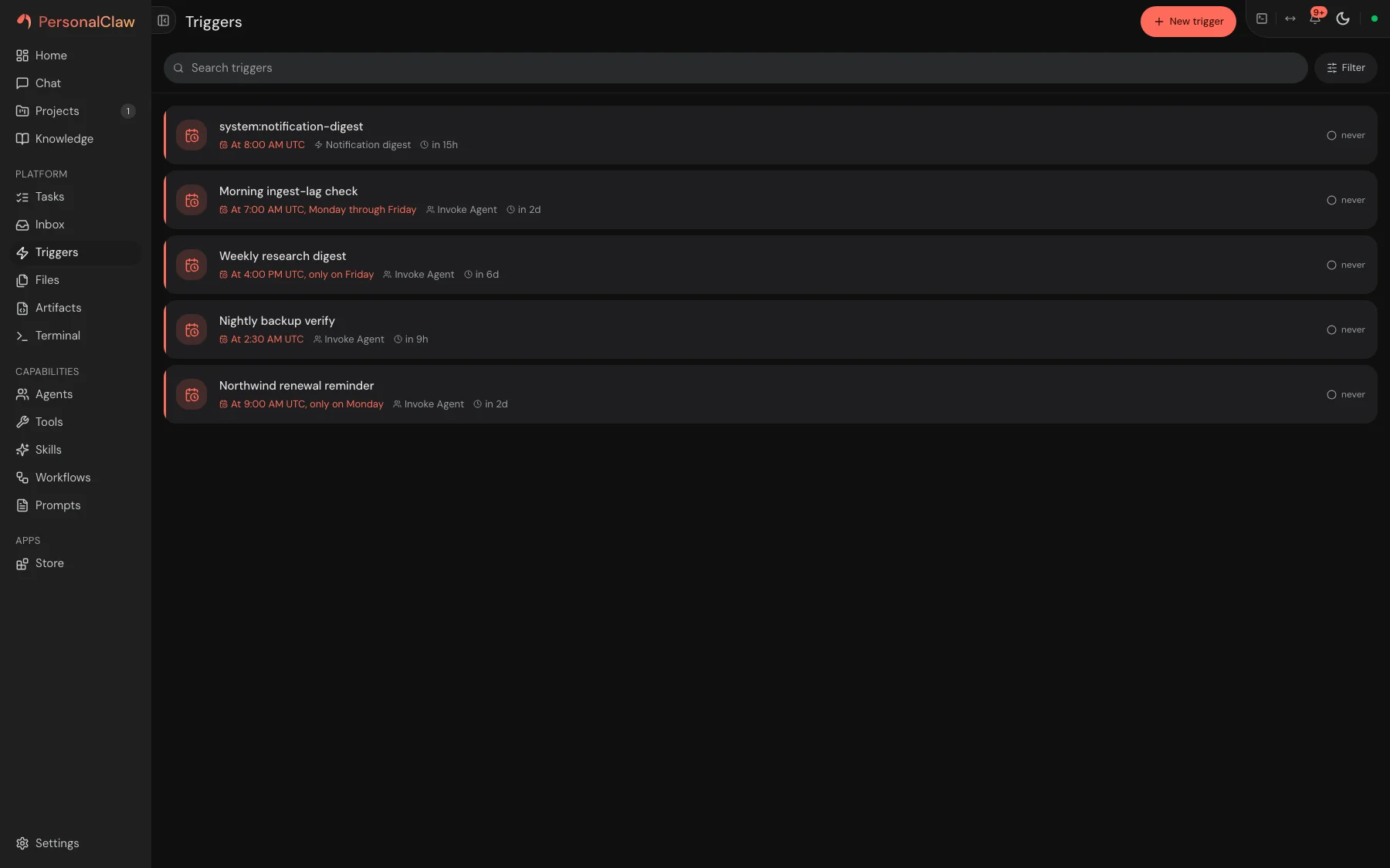 PersonalClaw automation triggers with schedules and status